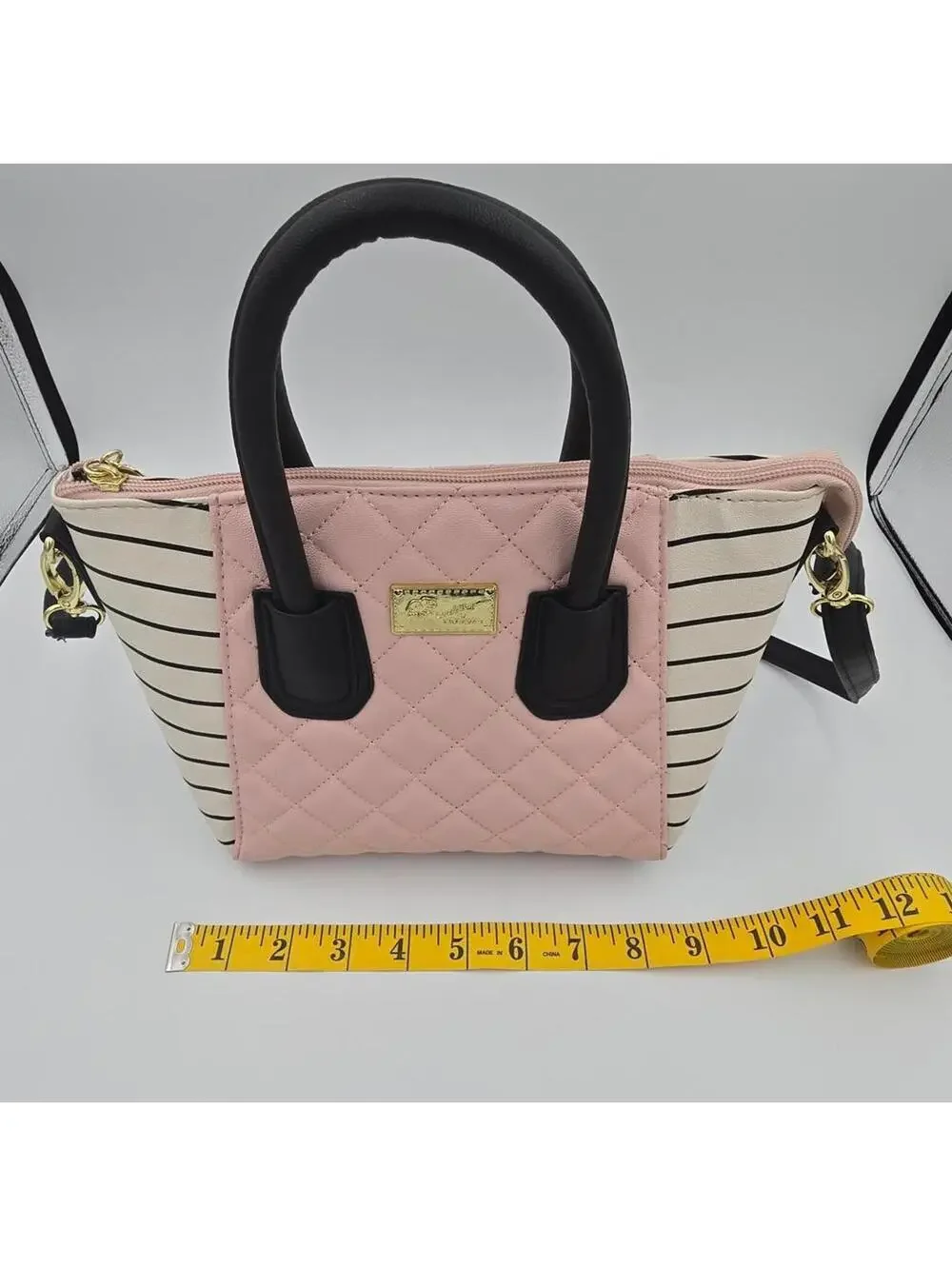 Betsey Johnson White Pink Black Quilted Satchel Shoulder Bag